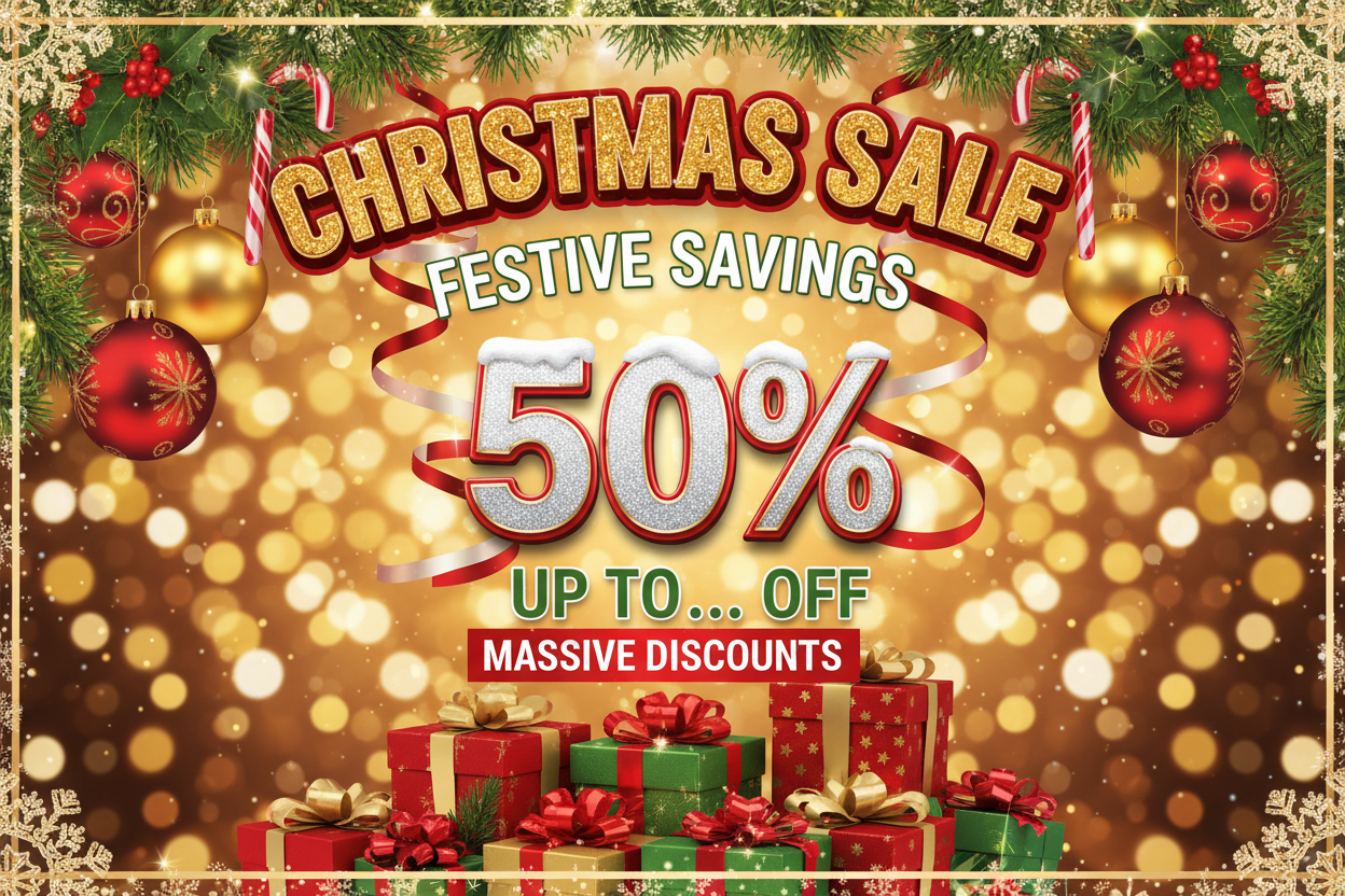 Faça uma bnner de natal voltado para promoções e descontos. Trabalhe os textos em ingles britanico. Faça um banner super natalino e na dimensão e tamanho para mobile